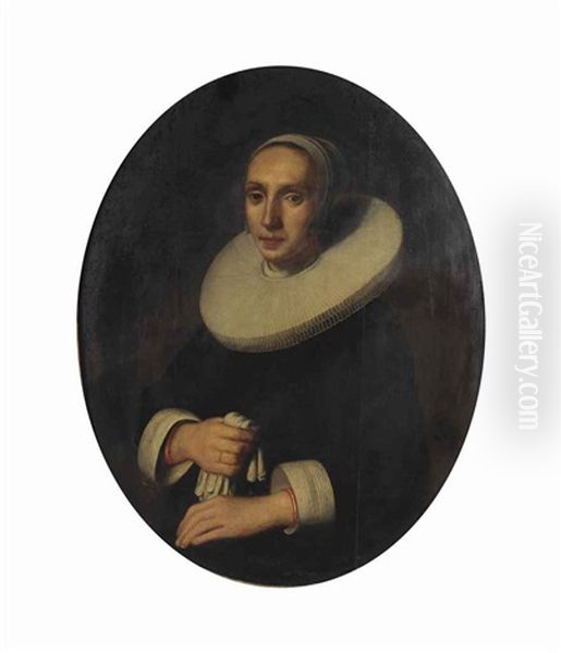 Portrait Of A Lady, Half-length, In A Black Dress With A White Molensteenkraag And White Lace Cap, Holding A Pair Of White Gloves Oil Painting by Nicolaes Maes