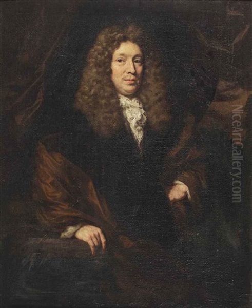 Portrait Of A Gentleman, Three-quarter-length, In A Black And Brown Coat, Standing Next To A Stone Ledge Oil Painting by Nicolaes Maes