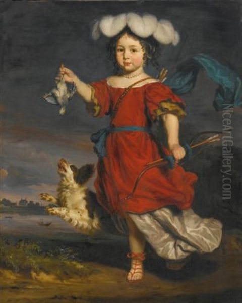 Portrait Of A Young Boy In Classical Costume, Standing Full Length, Holding A Thrush In One Hand And A Bow And Arrow In The Other, With A Spaniel By His Side Oil Painting by Nicolaes Maes