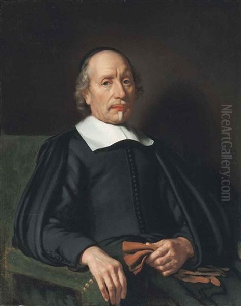 Portrait Of A Man, Half-length, In Black Robes, With A White Collar, Holding A Pair Of Gloves Oil Painting by Nicolaes Maes