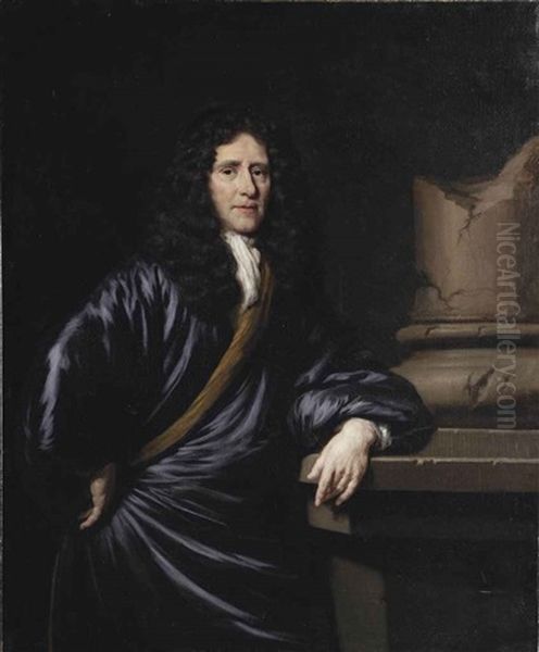 Portrait Of A Gentleman, Three-quarter-length, In Gold-lined, Midnight Blue Silk Japonse Rok, Leaning Against A Broken Marble Column Oil Painting by Nicolaes Maes