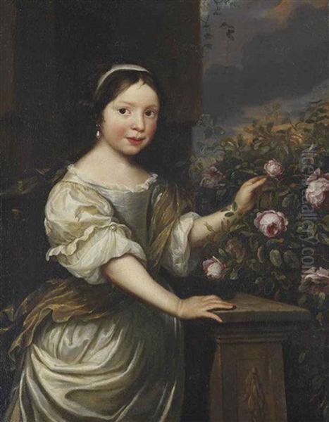 Portrait Of A Girl, Three-quarter-length, In A White Dress And Shawl, Standing By A Stone Balustrade, Plucking Roses From A Bush Oil Painting by Nicolaes Maes