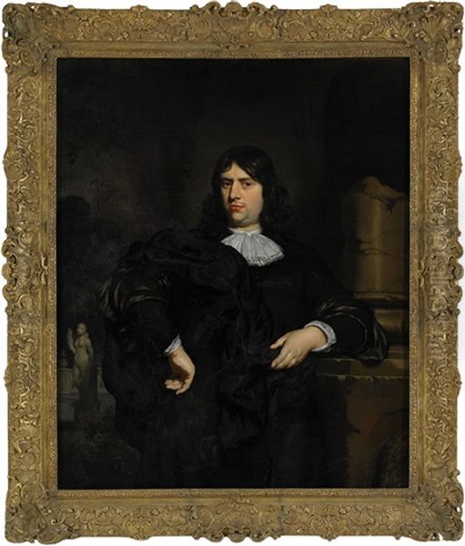 Portrait Of A Gentleman Wearing A Black Coat With White Collar And Black Robe by Nicolaes Maes