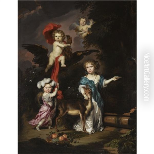 Pastoral Family Portrait Of Four Children, Personifying Mythological Figures, Including Ganymede, And Diana With A Deer, All In A Landscape Oil Painting by Nicolaes Maes