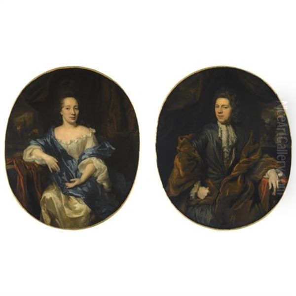 Portraits Of A Lady And Gentleman, Seated Beside A Table, The Former Wearing An Ivory Dress With A Blue Mantle, The Latter A Green Jacket With An Ochre Mantel, Before A Draped Embroidered Curtain, A Landscape View Beyond (pair) Oil Painting by Nicolaes Maes