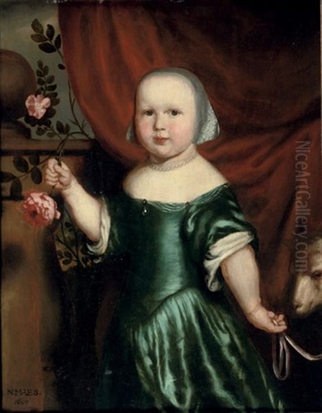 Portrait Of A Girl, In A Green Dress, Holding A Rose Oil Painting by Nicolaes Maes