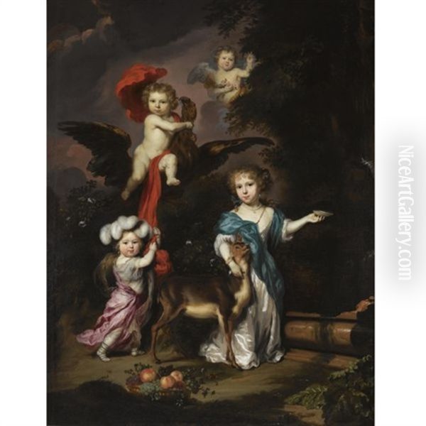 Pastoral Family Portrait Of Four Children, Personifying Mythological Figures, Including Ganymede, And Diana With A Deer, All In A Landscape Oil Painting by Nicolaes Maes