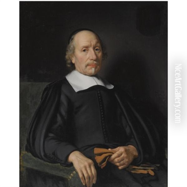 Portrait Of A Man, Seated, Wearing A Black Robe With A White Flat Collar, Holding A Pair Of Gloves Oil Painting by Nicolaes Maes