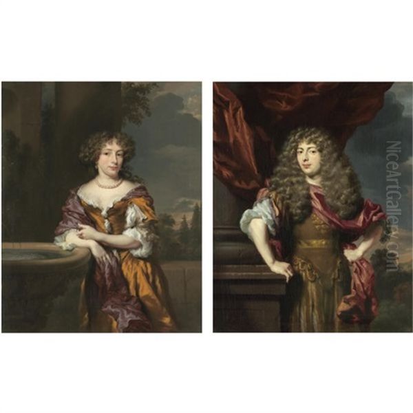 Portrait Of Maria Magdalena Van Alphen, Leaning Against A Fountain (+ Portrait Of Dirk Van Alphen, Leaning On A Pillar; Pair) Oil Painting by Nicolaes Maes