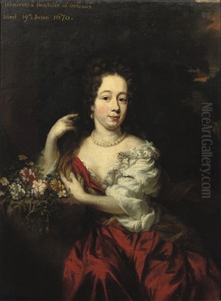 Portrait Of A Lady, In A Red Dress And White Chemise, Flowers By Her Side (henrietta Maria Of Orleans?) Oil Painting by Nicolaes Maes