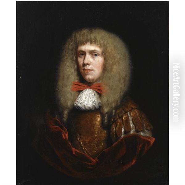 A Portrait Of A Gentleman, Wearing A Brown Coat, With A White Scarf, In A Painted Oval Oil Painting by Nicolaes Maes