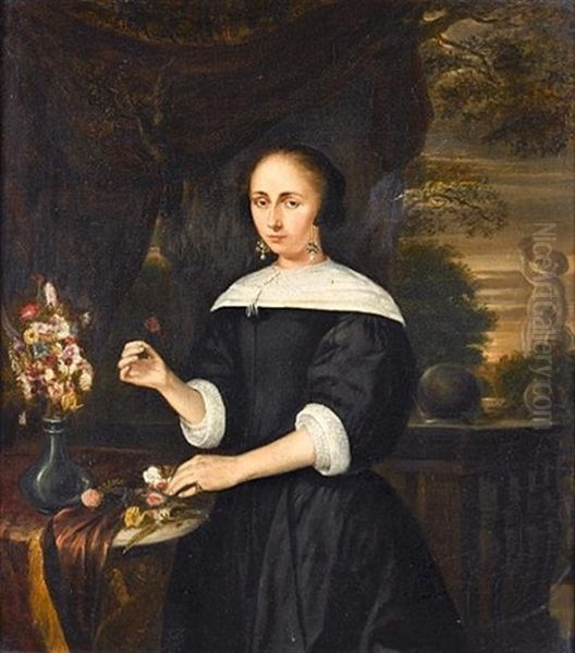 Portrait Of A Lady, Small Three-quarter-length, In A Black Dress With White Collar And Cuffs, Arranging Flowers At A Draped Ledge, On A Balcony Oil Painting by Nicolaes Maes