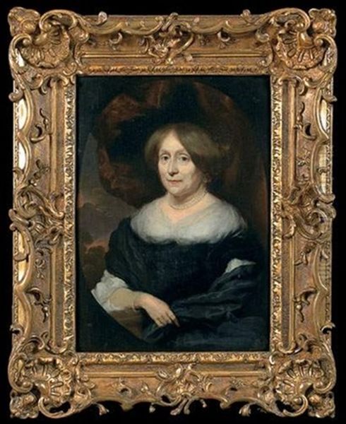 Portrait De Femme Agee Sur Fond De Drape Et De Parc Oil Painting by Nicolaes Maes