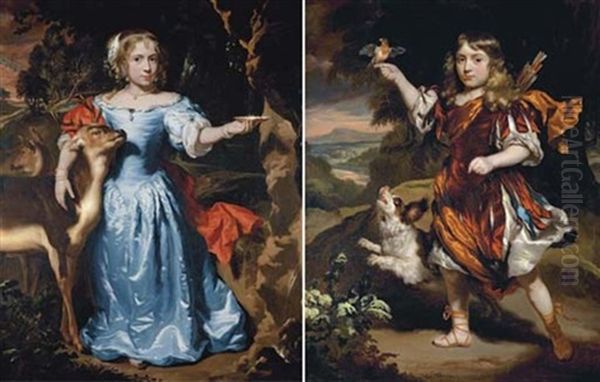 Portrait Of A Girl As Granida, In A Blue Silk Dress And Red Mantle (+ Portrait Of A Boy, As Daifilo, In A Red Surcoat Over A Silver Robe; Pair) Oil Painting by Nicolaes Maes