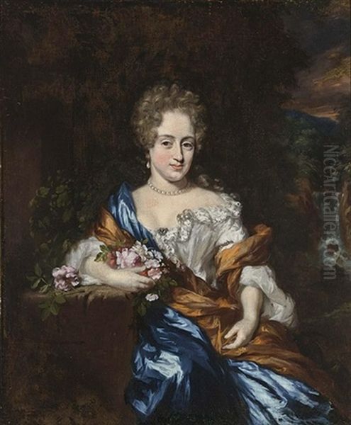 A Portrait Of A Lady, Wearing A Blue And White Dress With An Orange Shawl, Holding Flowers In Her Arm Near A Fountain, A Waterfall Beyond Oil Painting by Nicolaes Maes