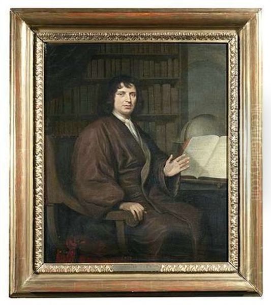 Bildnis Eines Gelehrten In Seiner Bibliothek Vor Einem Aufgeschlagenen Folianten, Im Hintergund Ein Globus Oil Painting by Nicolaes Maes