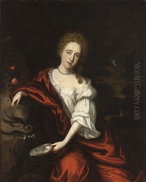 An Elegant Lady Near A Fountain Wearing A White Blouse, Red Satin Shawl And A Pearl Necklace Oil Painting by Nicolaes Maes