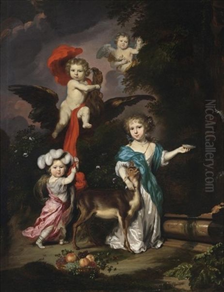 A Pastoral Family Portrait Of Four Children, Personifying Mythological Figures Including Ganymede And Diana With A Deer, All In A Landscape Setting Oil Painting by Nicolaes Maes