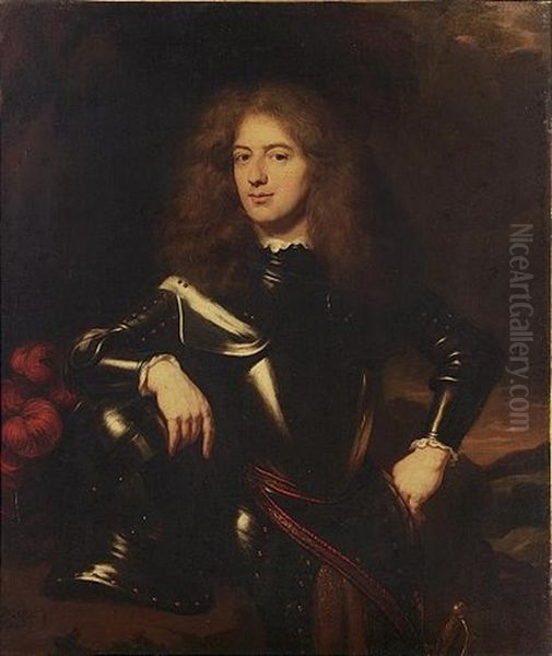 A Portrait Of Joseph Hieronymus Hoeufft At The Age Of 22, Wearing Armour, In A Park Setting Oil Painting by Nicolaes Maes