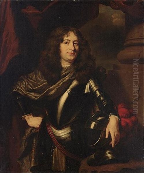 A Portrait Of Joan Hieronymus Hoeufft Wearing Armour, In A Park Setting Oil Painting by Nicolaes Maes