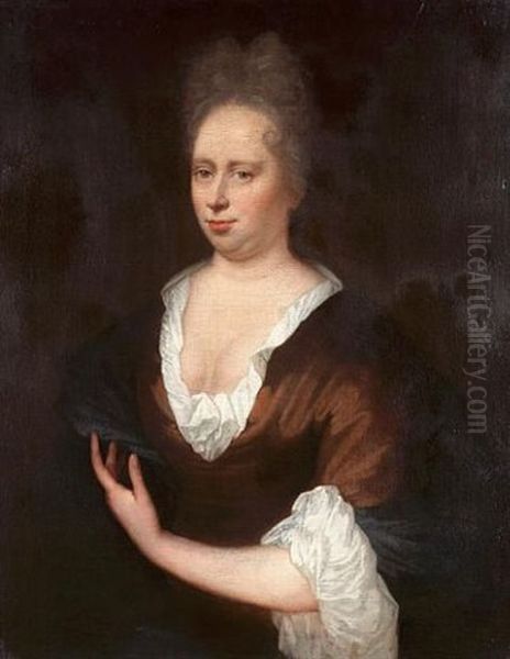 Portrait Of A Lady, Half-length, In A Brown Dress With A Blue Wrap Oil Painting by Nicolaes Maes