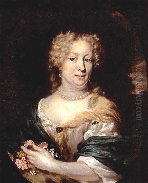 A Portrait Of A Lady Wearing A White Satin Dress With A Green And Yellow Shawl, Pearl Necklace And Earrings And Holding Flowers In Her Left Hand, In A Park Landscape Oil Painting by Nicolaes Maes