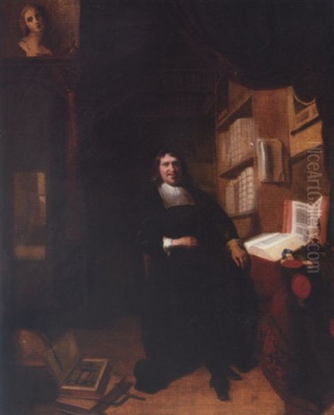 Portrait Of A Gentleman Sitting In His Study (the Scholar Nicolaes Heinsius?) Oil Painting by Nicolaes Maes