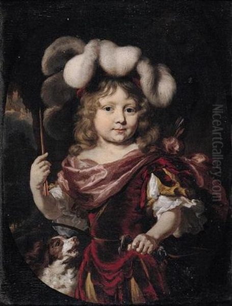 Portrait Of A Young Boy Wearing Classical Costume, Holding A Bow And Arrow, Accompanied By A Spaniel Oil Painting by Nicolaes Maes