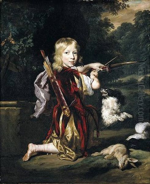 Portrait Of A Young Man Wearing A Red Tunic And Holding A Bow And Arrow, With A Spaniel And A Hare Oil Painting by Nicolaes Maes