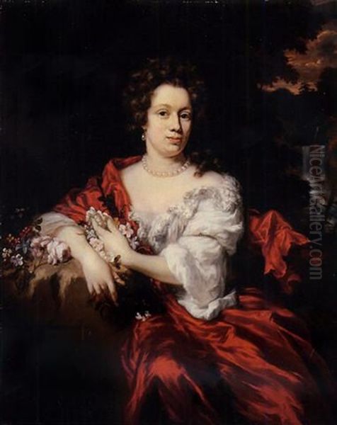 Portrait Of A Lady, In A White Chemise With A Red Wrap, Leaning Against A Stone Pedestal Holding Flowers, A Landscape With A Waterfall Beyond Oil Painting by Nicolaes Maes