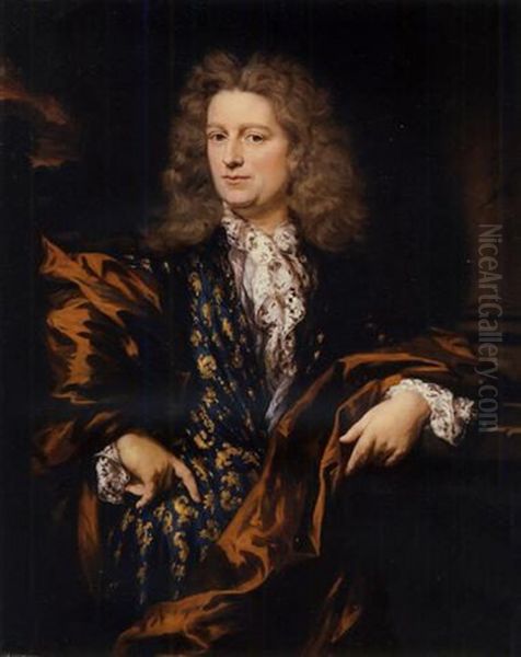 Portrait Of A Gentleman, In A Blue And Gold Gown With A Brown Silk Wrap, Leaning Against A Column, A Landscape With A Rock Beyond Oil Painting by Nicolaes Maes