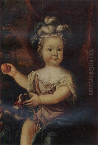 Portrait Of A Young Girl Wearing A Pink Dress With Lace Chemise, Blue Wrap And Feathered Hat, Holding An Orange, Her Pet Dog Nearby Oil Painting by Nicolaes Maes