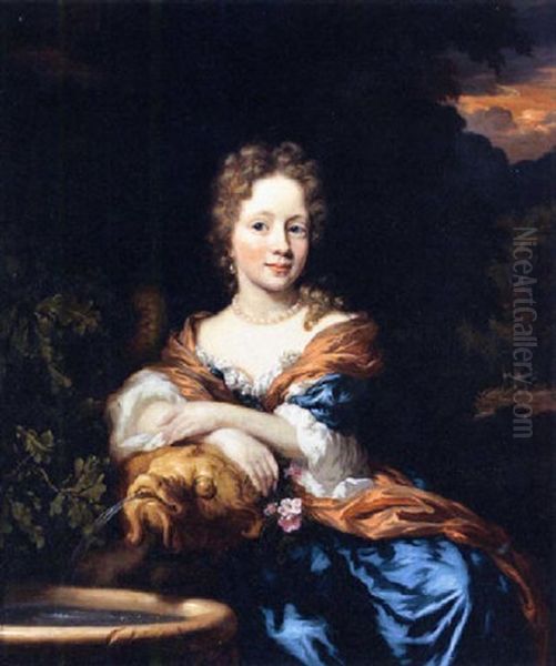 A Portrait Of A Young Lady Wearing A Blue Silk Dress With White Lace Chemise, An Orange Silk Shawl And Pearly Jewellery by Nicolaes Maes