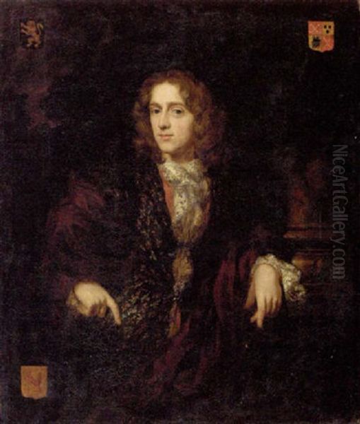 Portrait Of Johannes Bouwens In A Brown Jacket And An Embroidered Waistcoat, His Left Arm Resting On The Base Of A Column Oil Painting by Nicolaes Maes