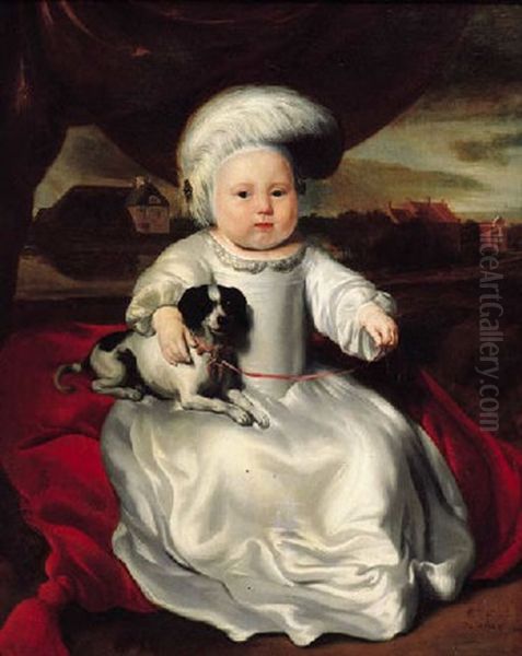 Portrait Of A Baby Boy Seated On A Cushion By A Draped Curtain, Wearing A White Satin Dress And Feathered Hat, A Pet Dog On His Lap, A Landscape Beyond Oil Painting by Nicolaes Maes