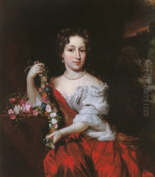 Portrait Of A Young Lady Wearing A Red Dress And White Chemise, Holding A Garland In A Landscape, A Waterfall Beyond by Nicolaes Maes