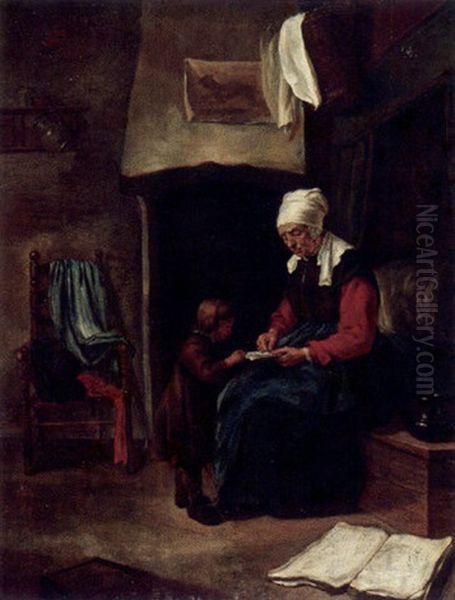 Die Lehrstunde - Grosmutter Mit Ihrem Enkel Bei Der Lekture Oil Painting by Nicolaes Maes