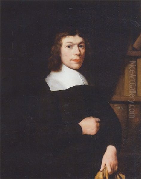 Portrait Of A Young Man, Standing By A Bookcase, Wearing Dark Costume And A Lace Collar, Holding Gloves Oil Painting by Nicolaes Maes