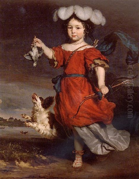 Portrait Of A Young Boy In Classical Costume Holding A Thrush In One Hand And A Bow Nad Arrow In The Other, With A Spaniel Oil Painting by Nicolaes Maes