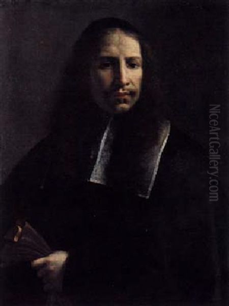 Portrait Of A Man Wearing A Black Suit And Cap With White Collar, Holding Gloves Oil Painting by Nicolaes Maes