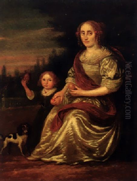 Portrait Of A Lady In A White Dress And A Red Wrap, With Her Son And A Spaniel At Her Side, Seated In A Landscape Oil Painting by Nicolaes Maes