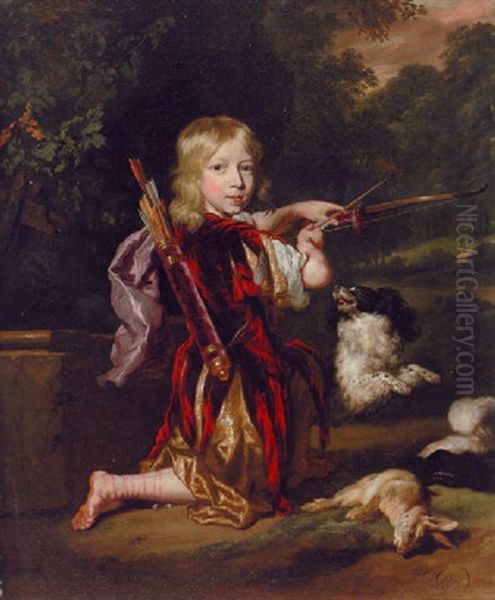 Portrait Of A Youth In Classical Style Costume, Drawing A Bow, A Dead Rabbit Beside Him, With A Spaniel, In A Wooded Landscape Oil Painting by Nicolaes Maes