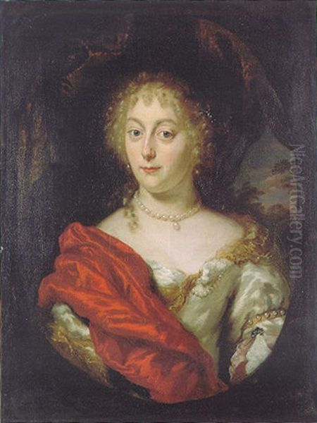 Portrait Of A Lady (a Princess Of The House Of Orange?) Wearing A White Silk Dress, A Red Silk Shawl And Pearl Jewellery Oil Painting by Nicolaes Maes