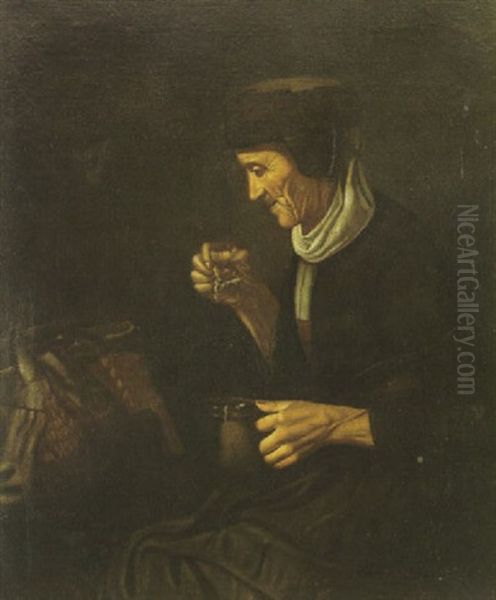 An Old Woman Drinking Soup In An Interior Oil Painting by Nicolaes Maes