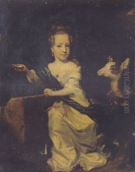 Portrait Of A Young Girl In A Landscape, Her Right Hand Holding A Shell, Her Left Hand Holding Her Pet Goat On A Red Ribbon Oil Painting by Nicolaes Maes