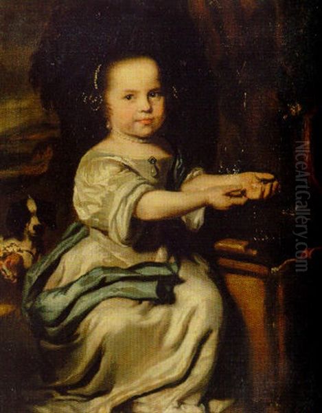 Portrait Of A Young Girl In A White Dress With A Spaniel By A Fountain Oil Painting by Nicolaes Maes