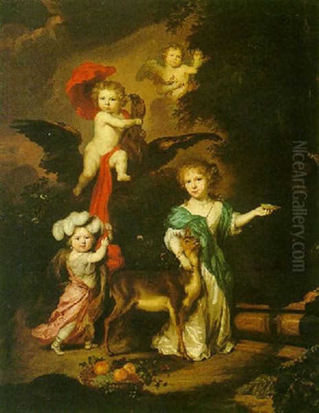 A Pastoral Portrait Of Four Children, Personifying Mythological Figures Including Ganymede And Diana Oil Painting by Nicolaes Maes