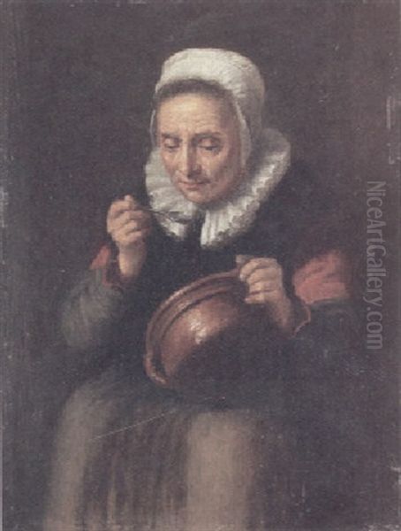 An Old Lady Drinking Soup From A Bowl Oil Painting by Nicolaes Maes