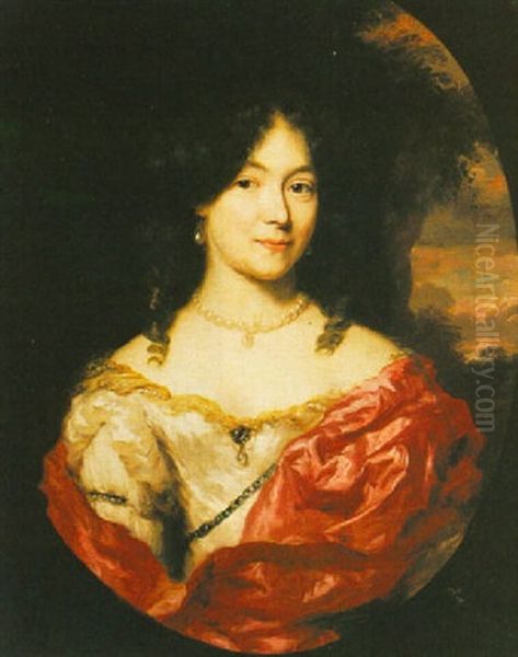 A Portrait Of A Lady, Wearing A White Dress With A Red Shawl Oil Painting by Nicolaes Maes