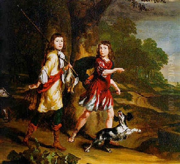 Portrait Of Two Young Boys As Hunters In A Landscape Oil Painting by Nicolaes Maes